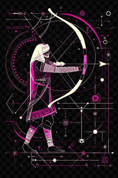A poster for a girl with a bow and arrow pointing to the right
