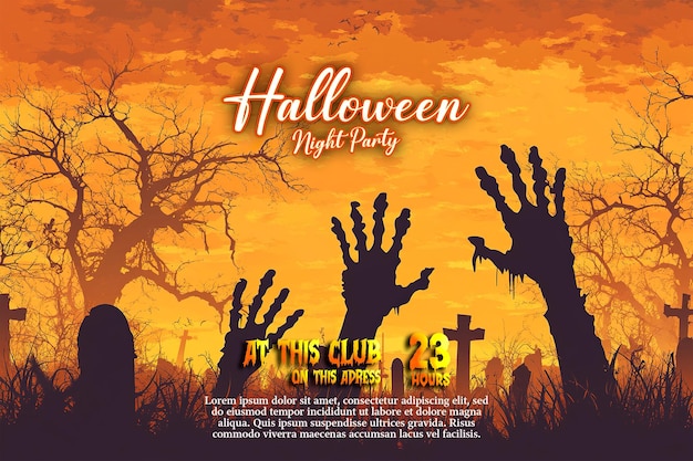 a poster for halloween night with hands reaching out for the dead