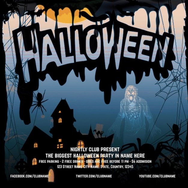 a poster for halloween party with a spooky house on the top