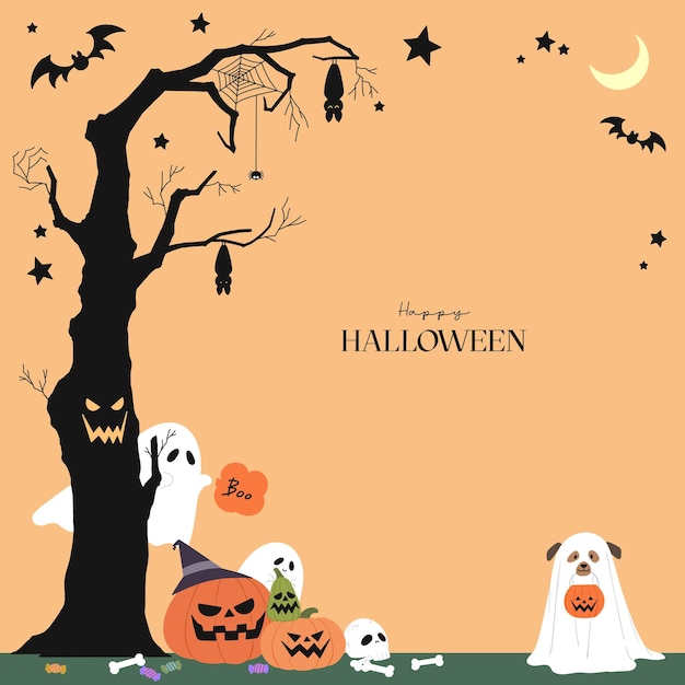 a poster for halloween with a tree and ghost on it