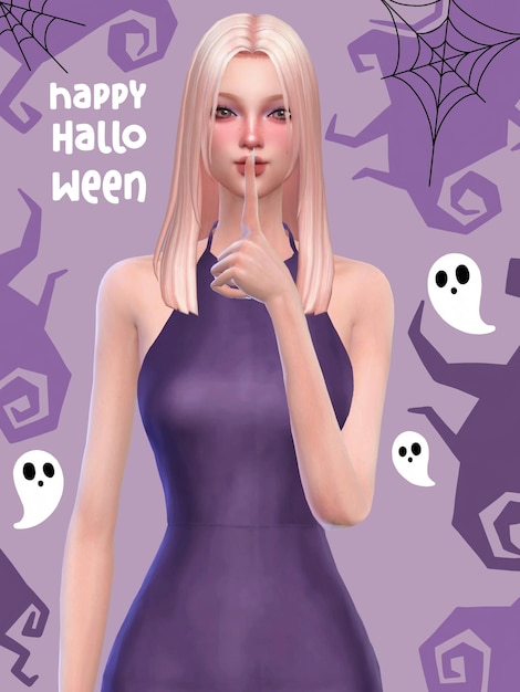 紫のドレスを着た女性とハロウィーンのポスター