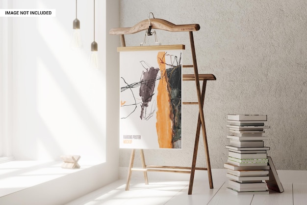 Poster hanging on a wooden rack mockup