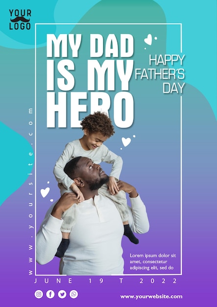PSD poster happy fathers day template cute realistic dad son sketch