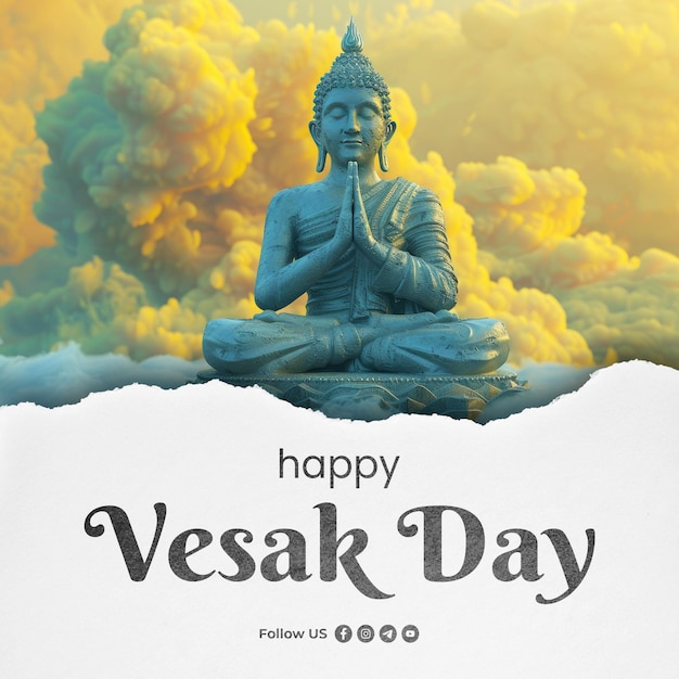 A poster for a happy vesak day celebration with a buddha in the clouds