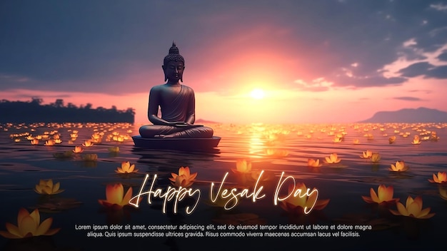 A poster for happy Vesak day with a buddha and lotus flower