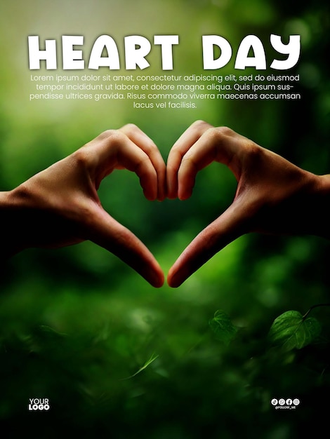 a poster for heart day with hands and a green background