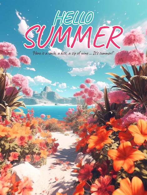 A poster for hello summer with palm trees on the beach