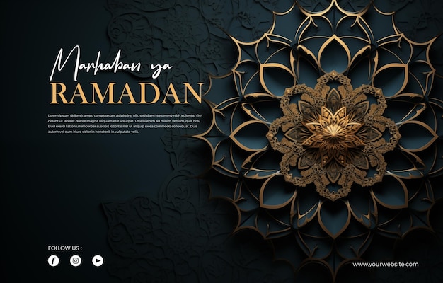 PSD poster horizontal background marhaban ya ramadan with mandala 3d and letern lightning