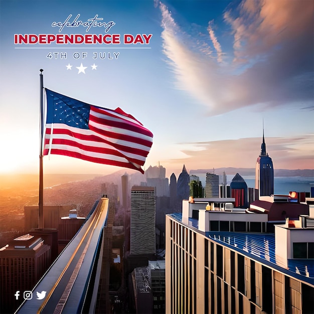 A poster for independence day with a flag flying above a building.