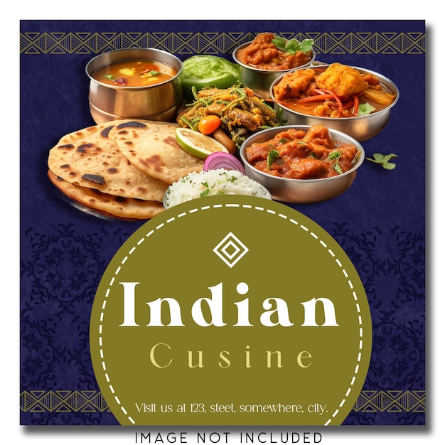 a poster of indian cuisine with a blue tablecloth that says indian food
