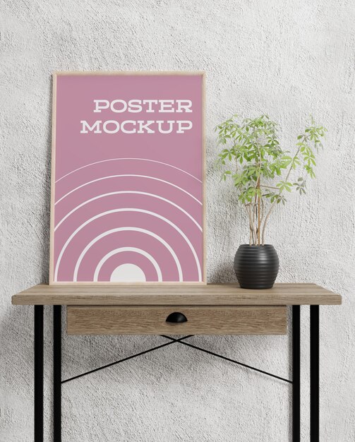 Poster inside photo frame on table mockup interior room