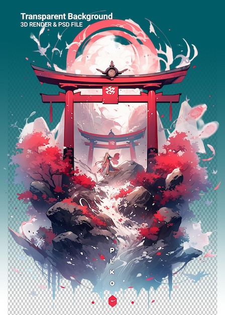 A poster for a japanese shrine with a red lantern on the top