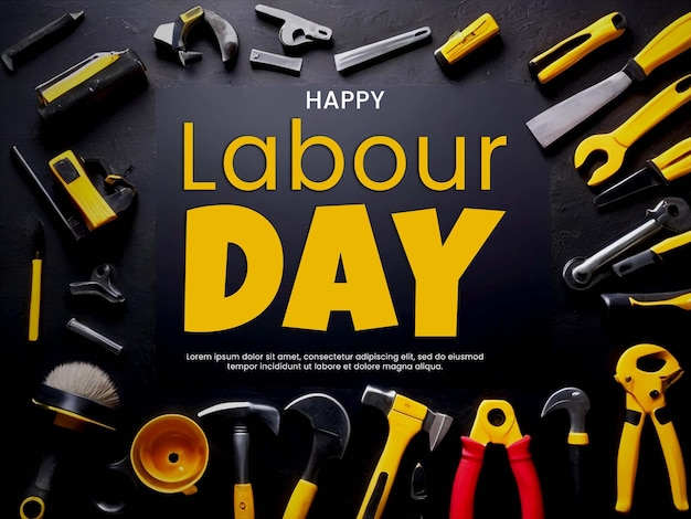 PSD poster koncepcyjny happy labor day z różnymi narzędziami budowlanymi na czarnym tle stołu