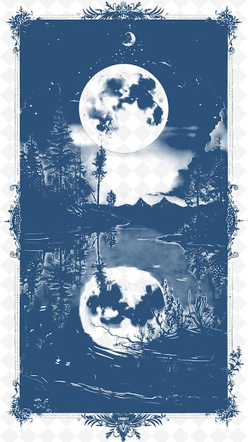 PSD a poster for a lake with a full moon and trees in the background