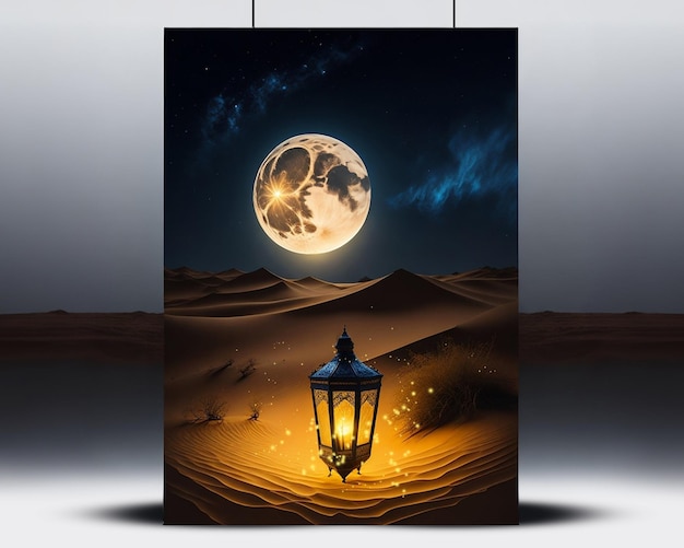 poster of lanter in desert and night sky moon light