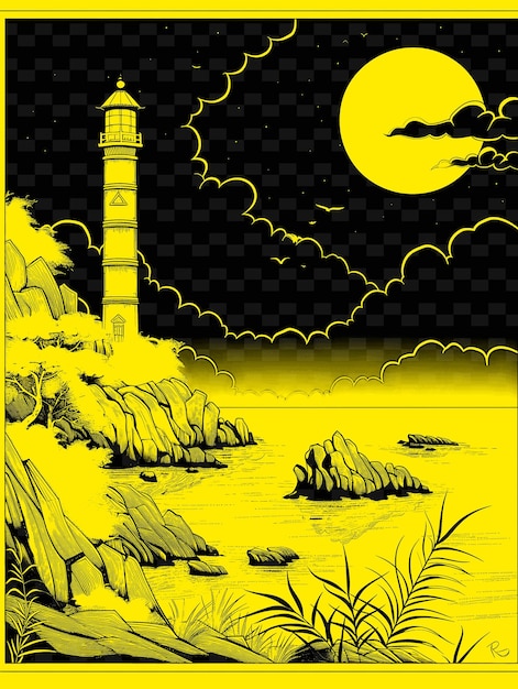 PSD un poster per un faro sul mare con uno sfondo giallo