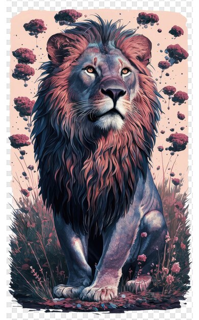 A poster of a lion with a red flower in the background