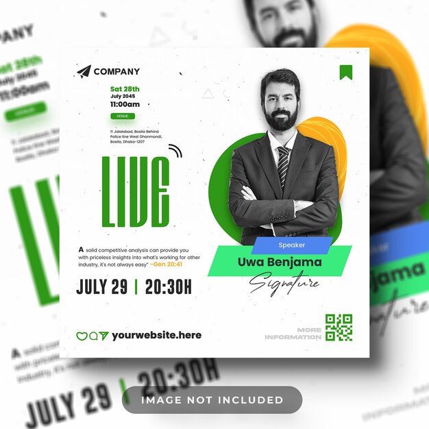 PSD a poster for a live event with a man in a suit and a green and white shirt.