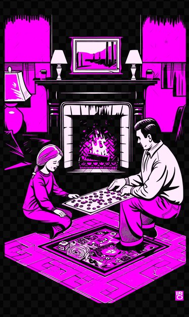 PSD a poster for a man and a girl playing a game of dice with a fireplace in the background