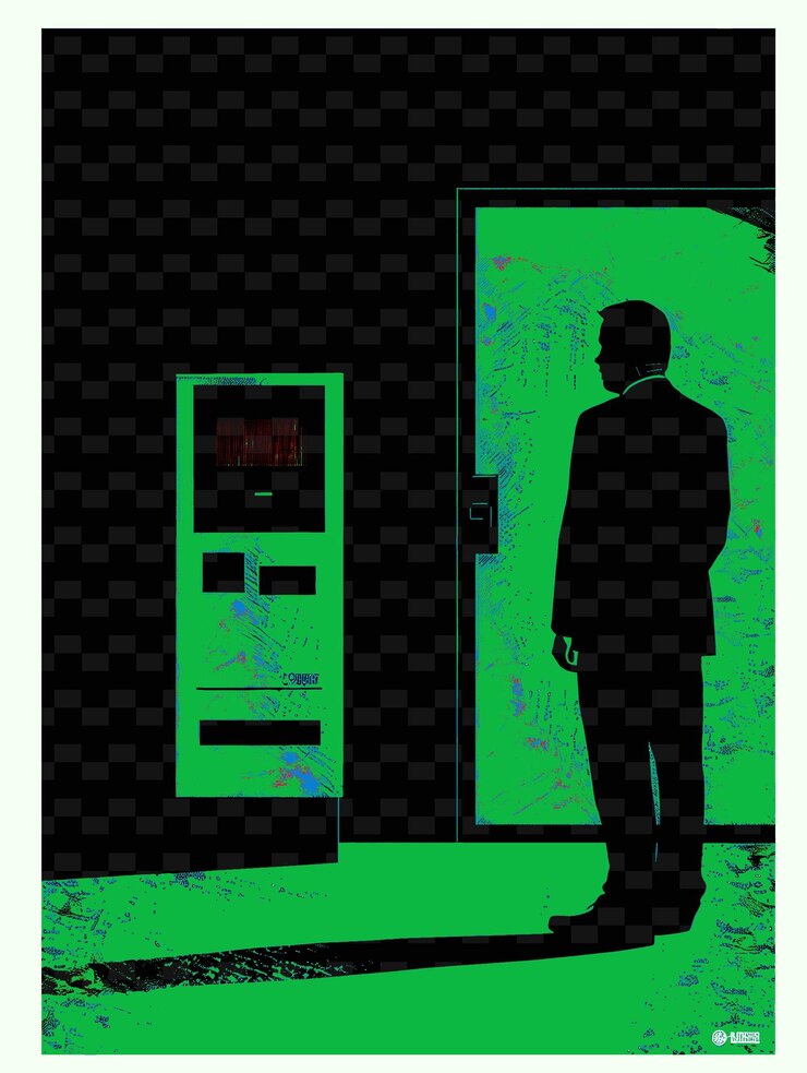 PSD a poster of a man standing in front of a green atm with the word atm on it