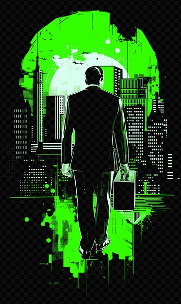 A poster for a man with a briefcase and a green background