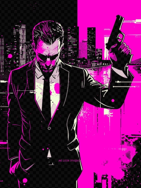 PSD a poster of a man with a gun pointing to a pink background