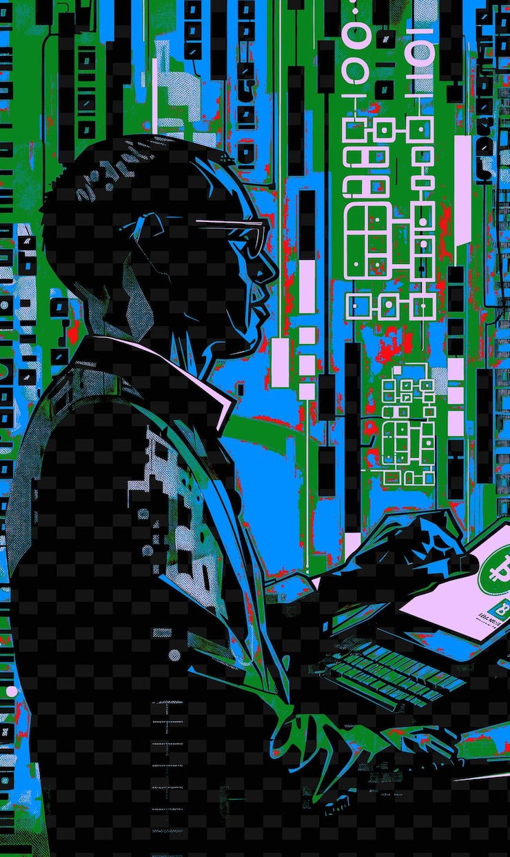 PSD a poster of a man working with a laptop and a picture of a man with a dollar sign on it