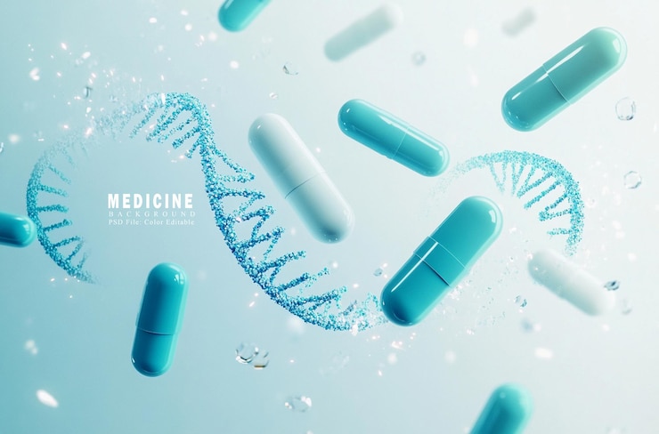 PSD a poster of medicine with blue pills and a blue background