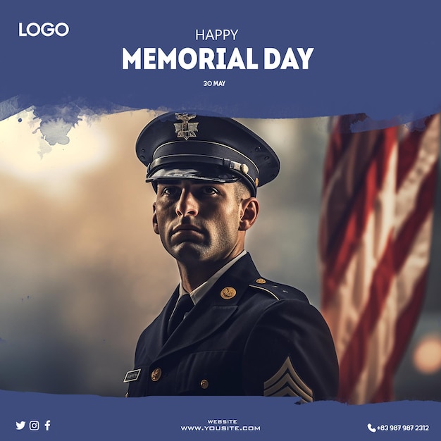 A poster for memorial day with a man in a hat and a flag