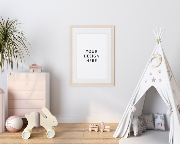 Poster met verticale frames op lege witte muur in kinderkamer