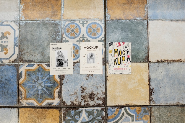 PSD poster mock-up design on portuguese tile patterned wall