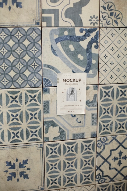 PSD poster mock-up design on portuguese tile patterned wall