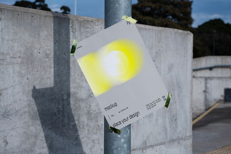 PSD poster mock-up with tape on city surface
