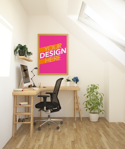 PSD poster mockup on attic wall of studio office