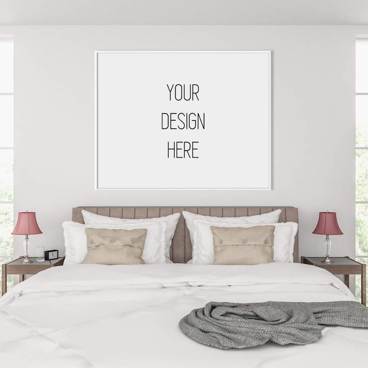 PSD poster mockup, bedroom with horizontal frame