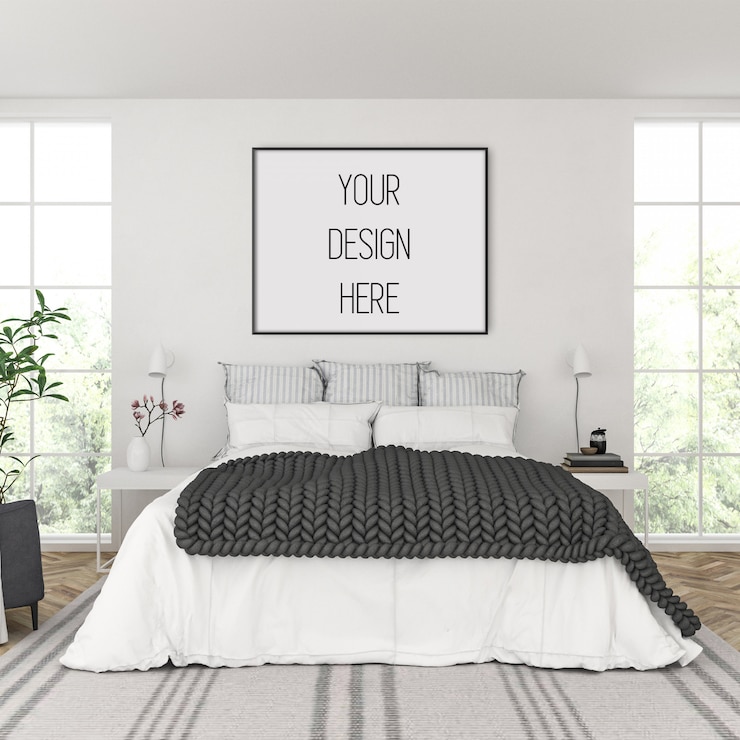 PSD poster mockup, bedroom with horizontal frame