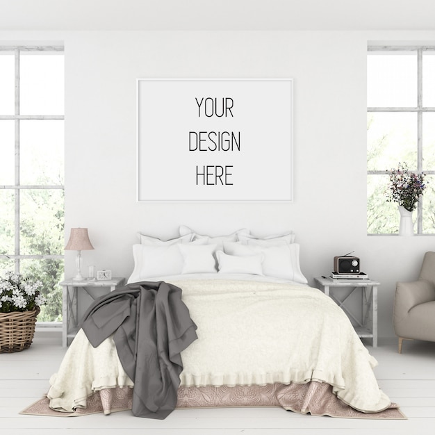 Poster mockup, bedroom with horizontal frame
