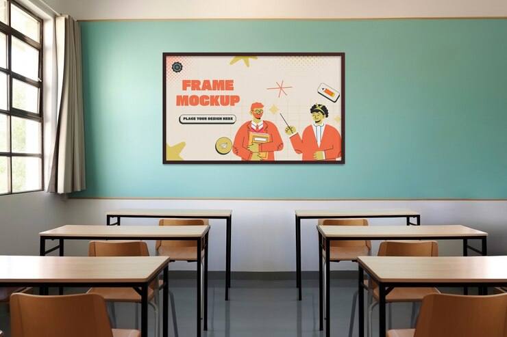 PSD poster mockup on classroom wall