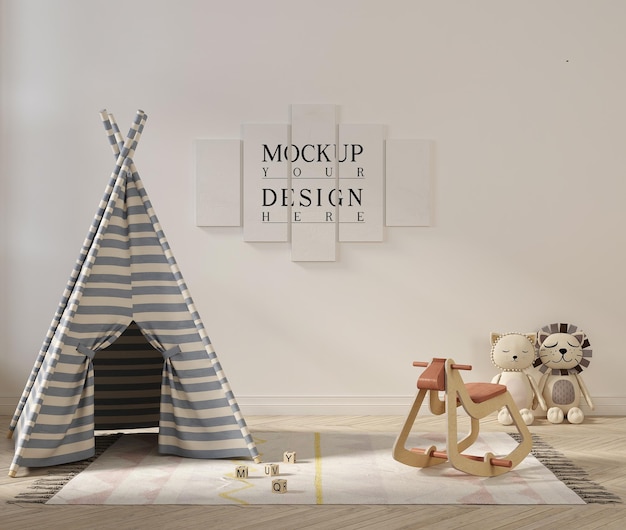 Poster mockup in cute playroom interior with tent