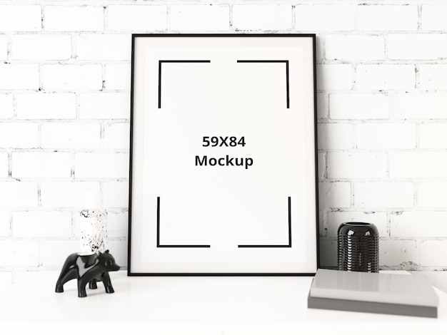 PSD poster mockup on desk with brick wall