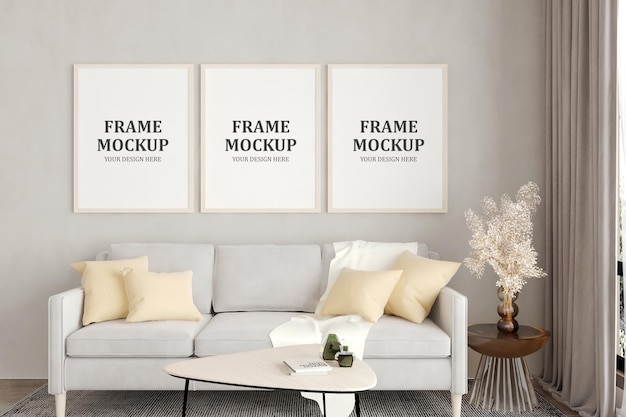 PSD poster mockup on empty white wall in living room