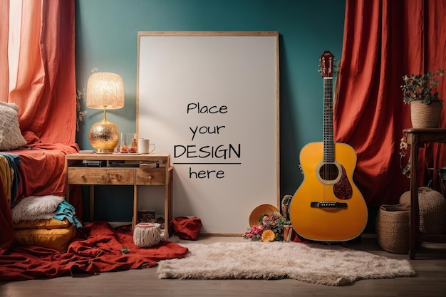 Poster mockup frame with cloth decoration and guitar