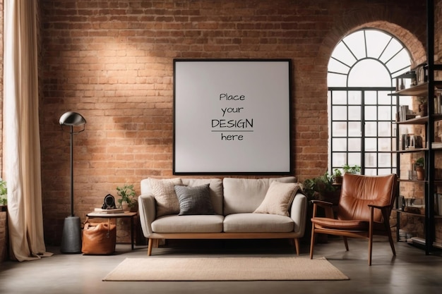 Poster mockup frame with interior and brick wall