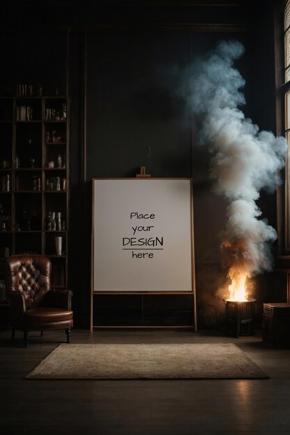 Poster mockup frame with interior and smoke