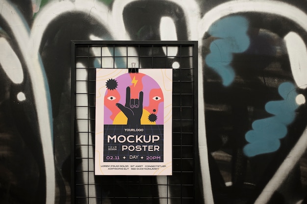 PSD poster mockup on a grid fence