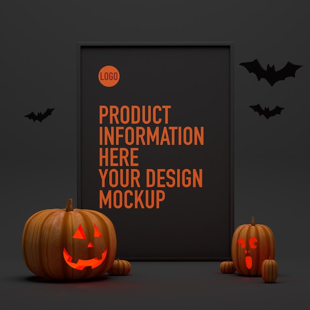 Mockup di poster per halloween accanto ad alcune zucche e pipistrelli