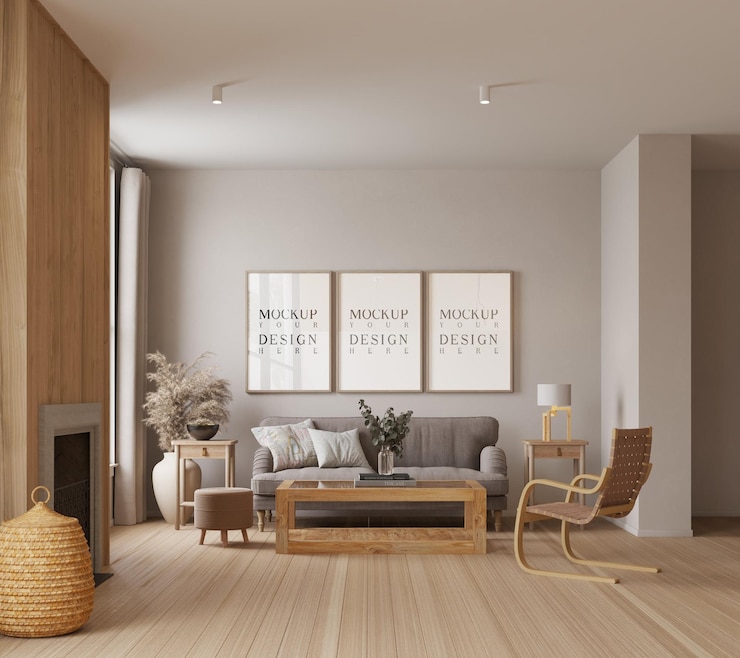 PSD poster mockup in een prachtige moderne scandinavische woonkamer achtergrond 3d rendering