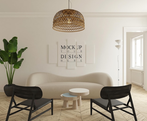 PSD poster mockup in moderne, eigentijdse woonkamer