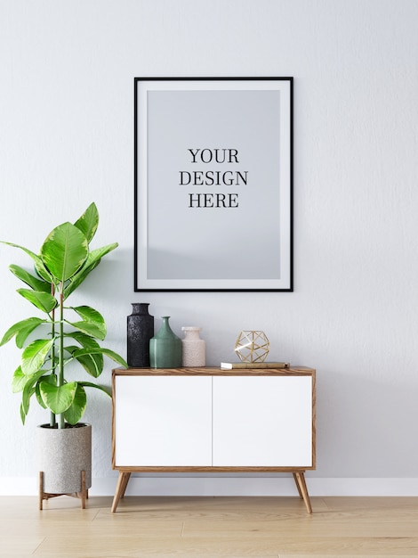 poster mockup interior scandinavian cabinet and decorations