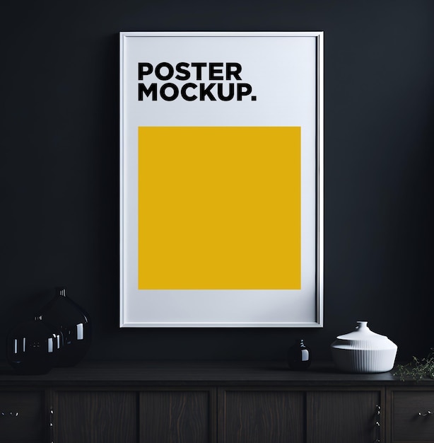 A poster mockup is on a wall in a dark room